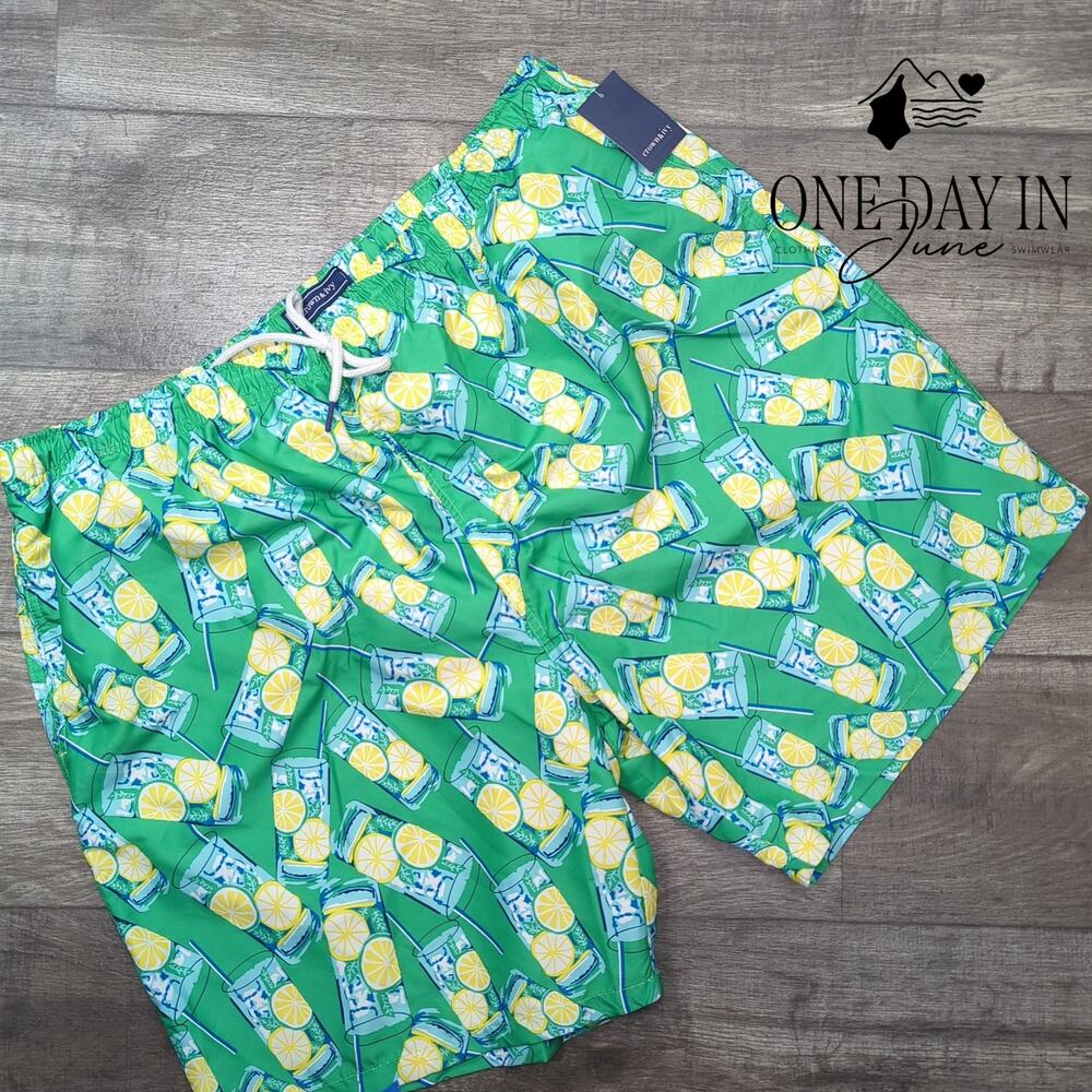 Crown & Ivy Lemon Cocktail Print Boardshort Swim Trunks Green NWT Size 3X